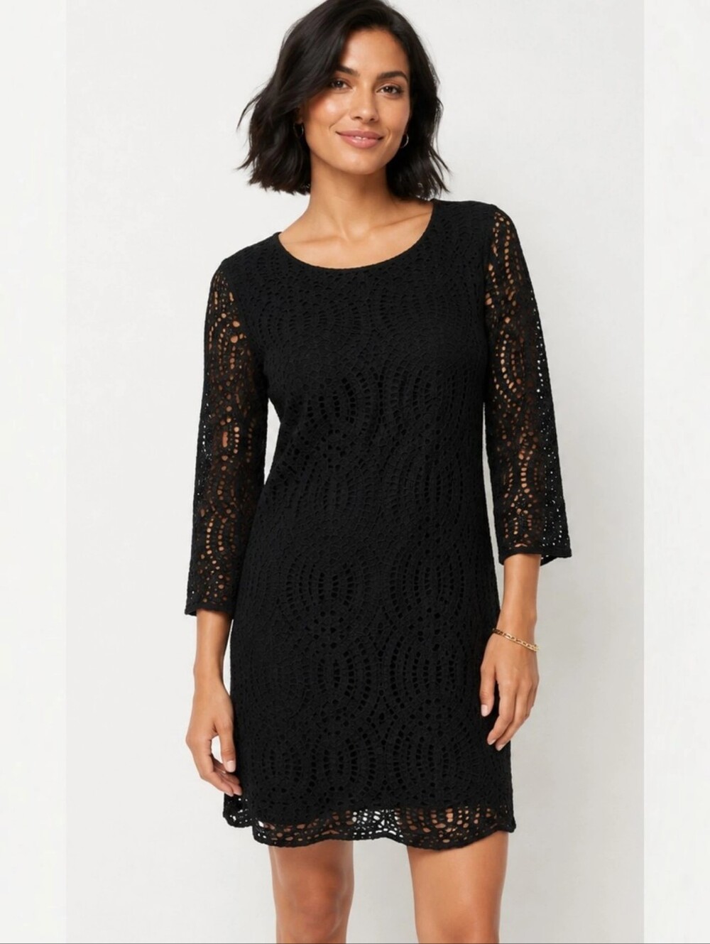 J.Crew Black Lace 3/4 Sleeve Scalloped Hem Shift Dress Size 10